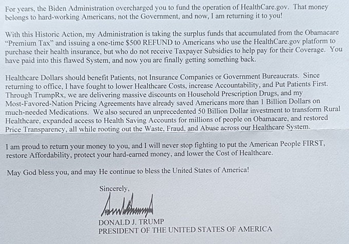 Carta enviada a un votante de Míchigan firmada por Trump y con una devolución de 2.500 dólares (2.960 euros).