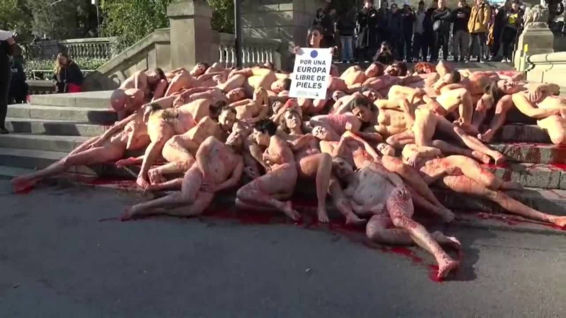 Activistas se desnudan en Plaza Catalunya para exigir el cierre de las granjas peleteras