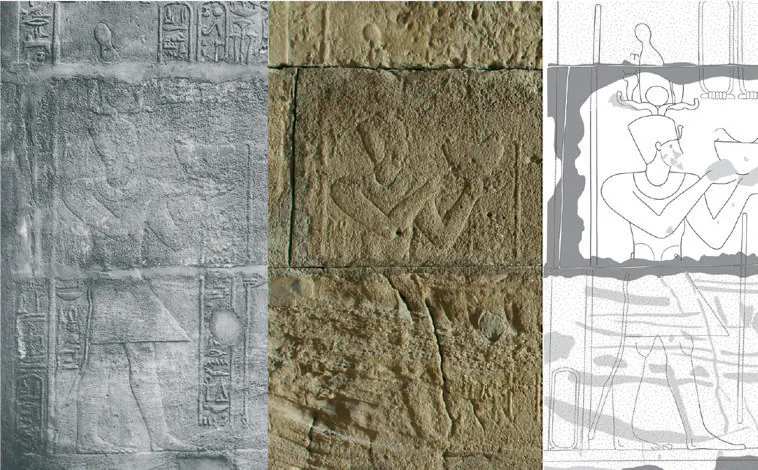 Imagen principal - Diversas imágenes del proyecto Tajut que ha estudiado los relieves y grafitis históricos en las paredes del templo relativos a caravanas y visitas de viajeros en la época clásica hasta el siglo XIX