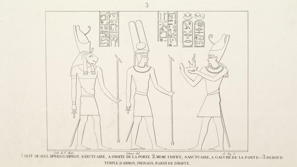 Ilustración de Champollion en la que el faraón ofrece Maat (sabiduría) a los dioses publicada en 'Monuments de l'Egypte et de la Nubie'