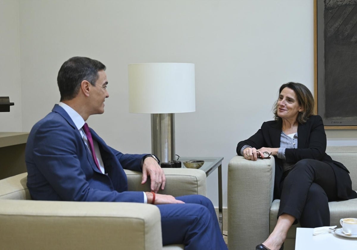 El presidente del Gobierno, Pedro Sánchez, junto a su exministra Teresa Ribera.