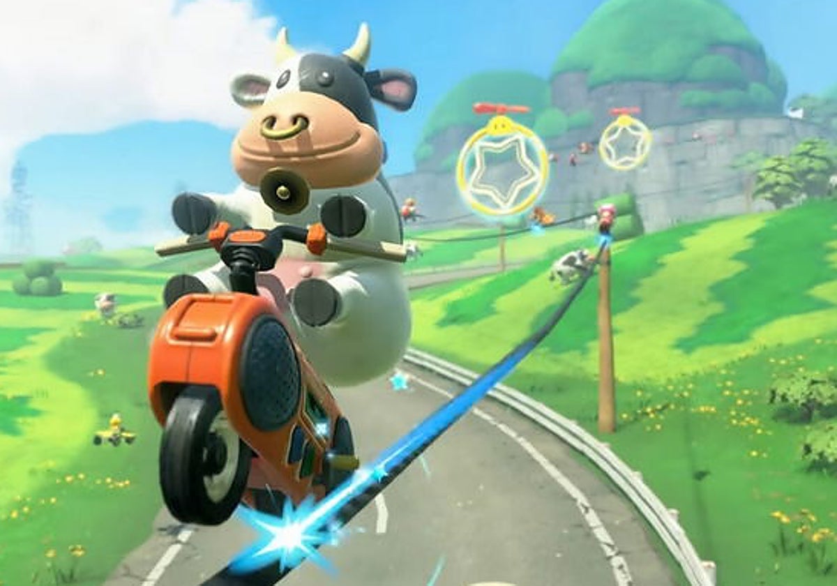 La vaca de 'Mario Kart World' haciendo un 'grind' en un cable eléctrico