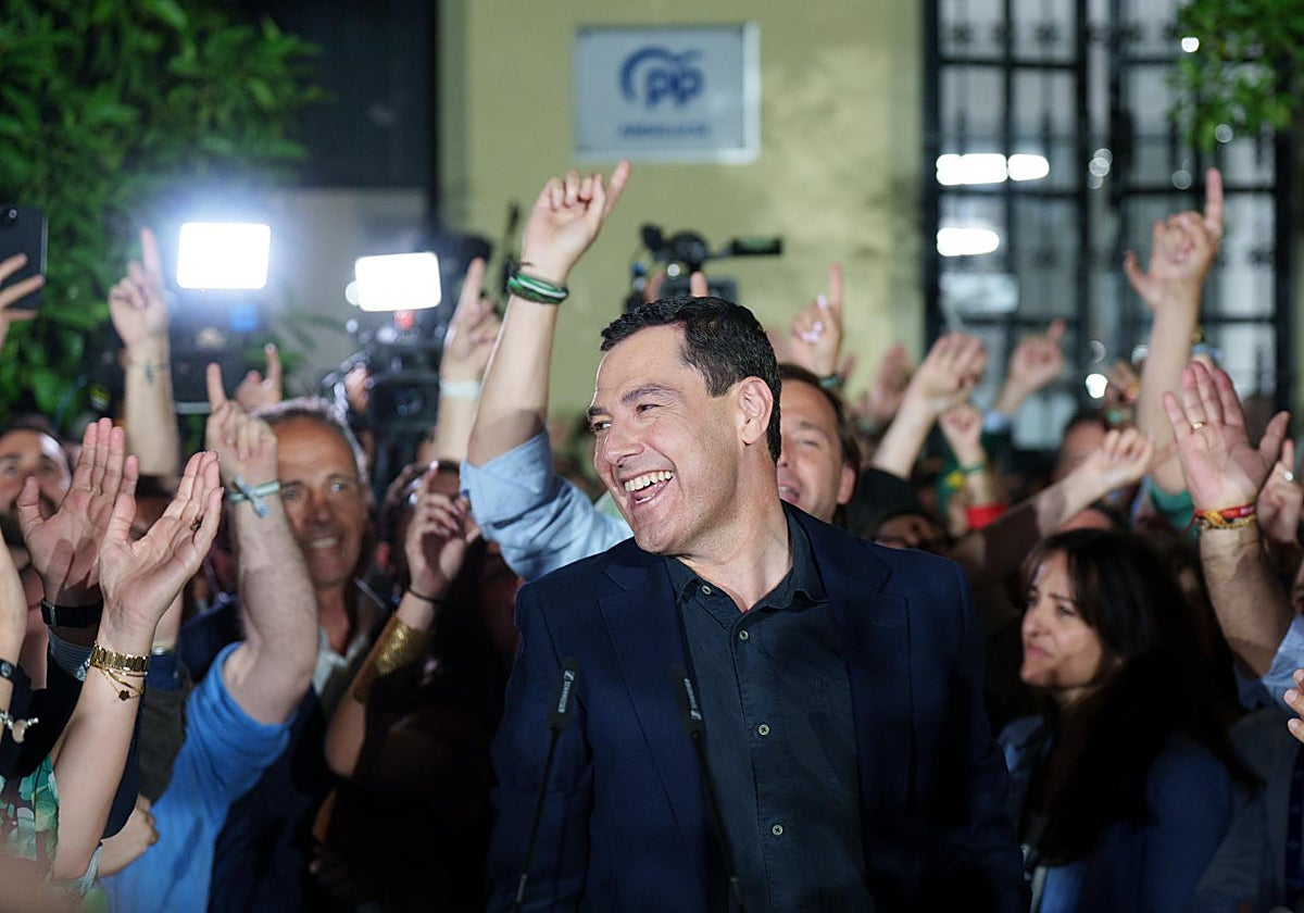 El candidato del PP andaluz a la reelección, Juanma Moreno, celebra los resultados electorales