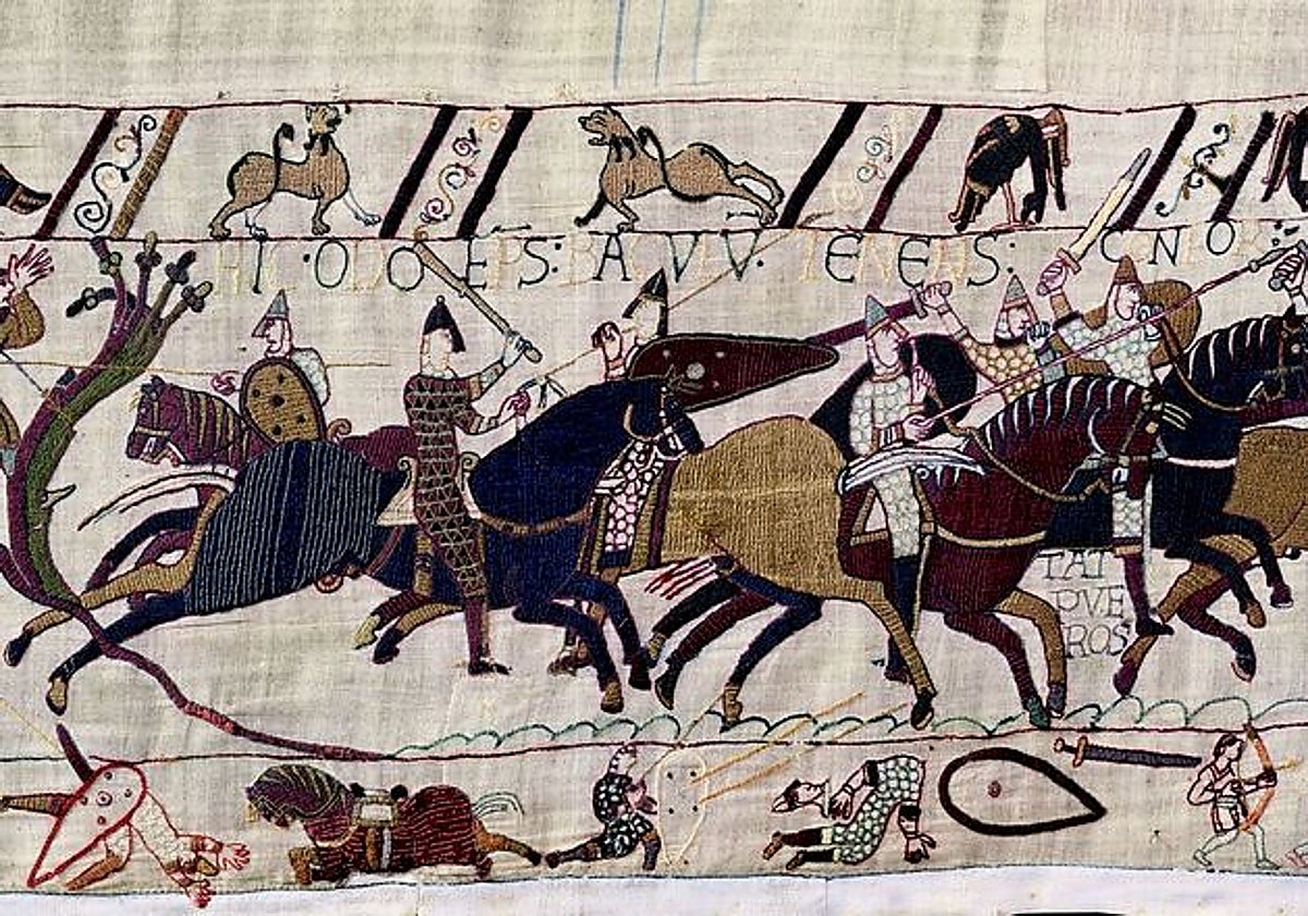 Fragmento del Tapiz de Bayeux del siglo XI, donde se retrata la conquista normanda de Inglaterra