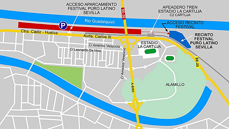 Mapa del parking de la Cartuja con motivo del Puro Latino Sevilla 2024