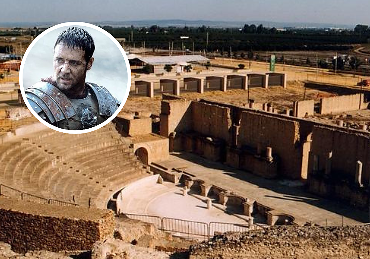 Montaje de el Teatro Romano de Itálica con un fotograma de la película Gladiator de Ridley Scott