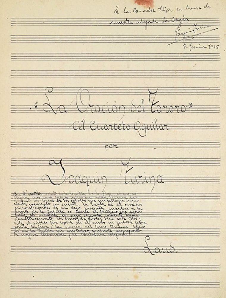 Partitura original de 'La oración del torero' con dedicatoria de Turina