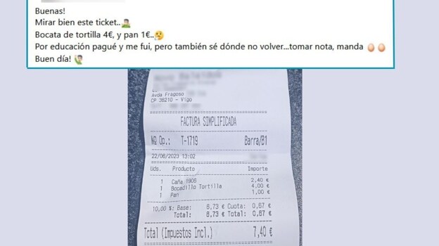 Fotografía del ticket de compra del bocadillo de tortilla de patata y la caña de cerveza publicada en Facebook