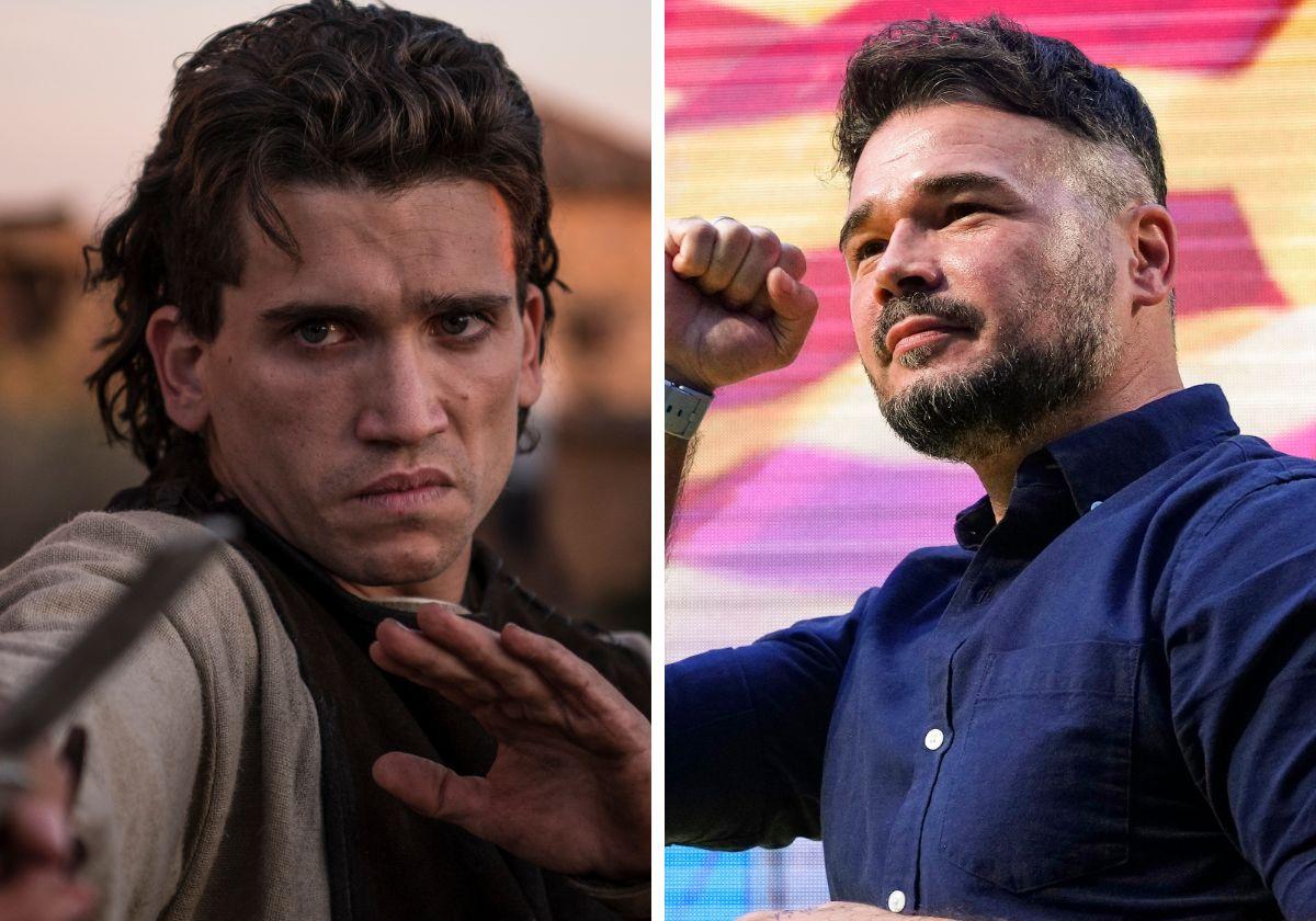 Jaime Lorente, en su papel como 'El Cid', y Gabriel Rufián, durante un mítin