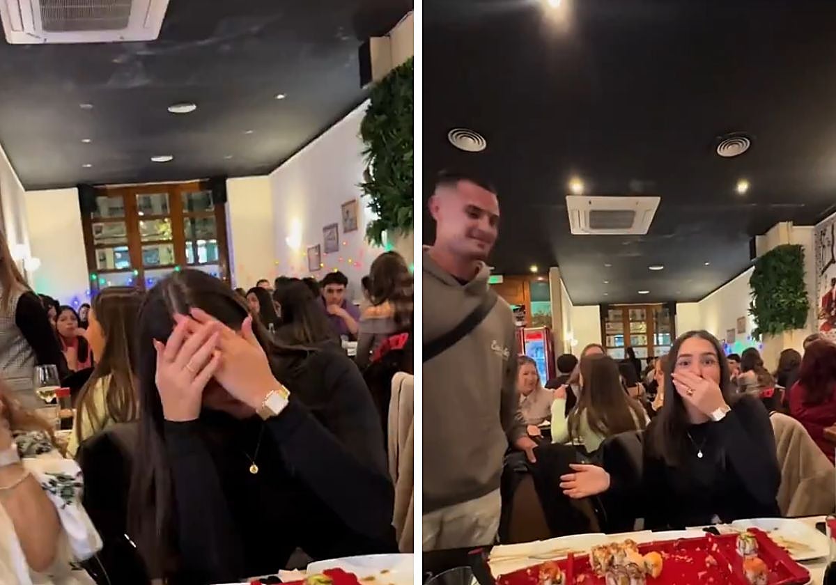 En el vídeo se observa a la chica disfrutando de una velada con sus amigas cuando su novio regresa por sorpresa
