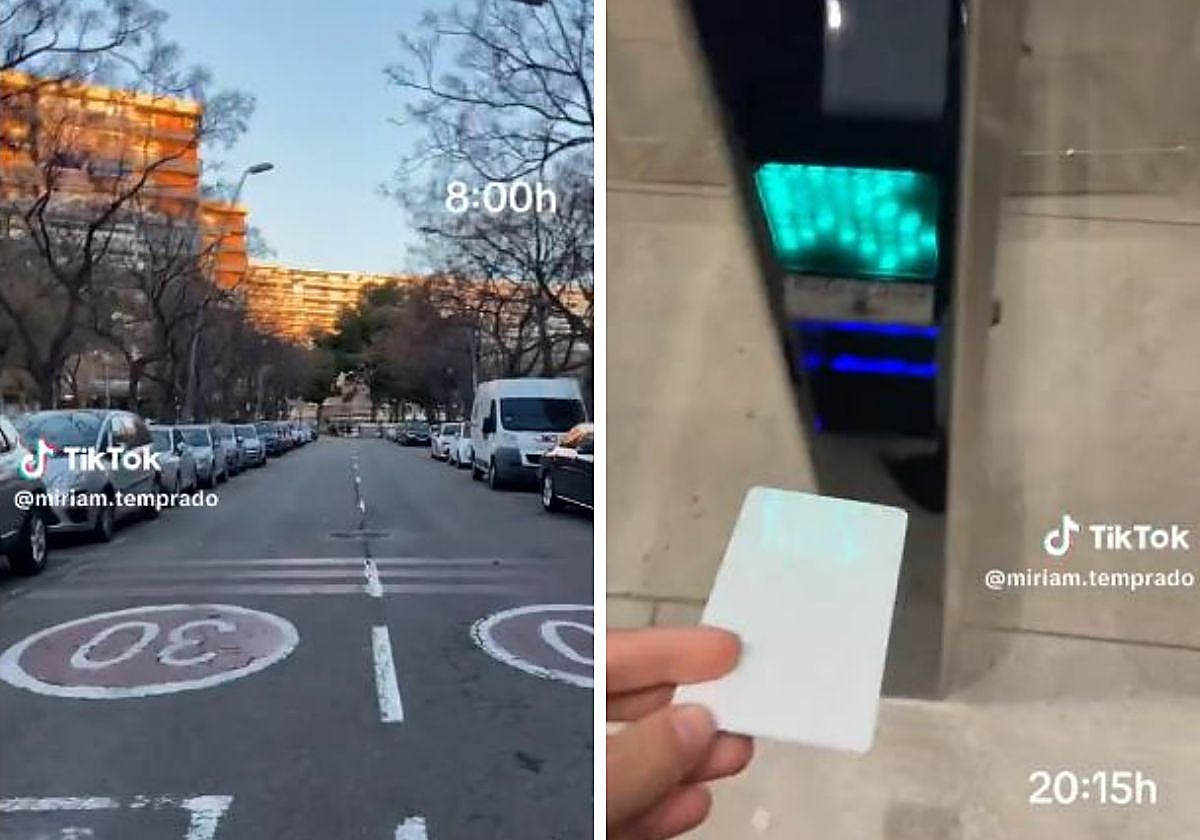 Dos momentos del vídeo, en el que se ve la hora que sale de casa y de la oficina tras toda la jornada laboral