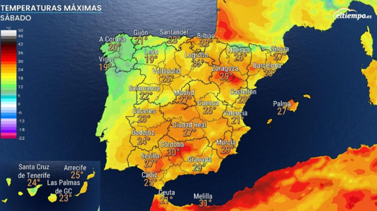 Mapa de previsión de las temperaturas máximas del sábado 6 de abril