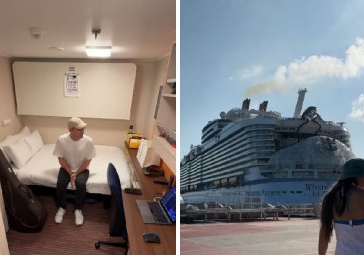 James, mostrando su habitación y el crucero en el que ha estado trabajando