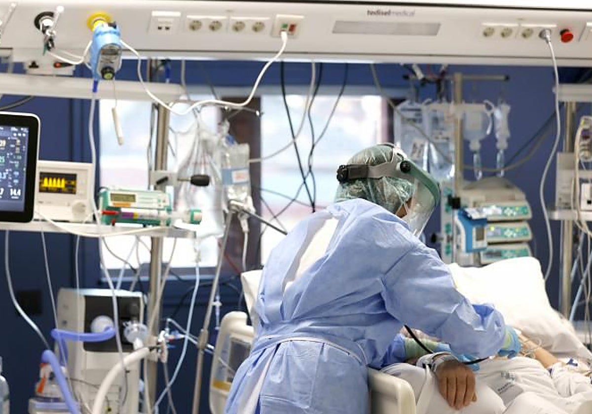 Un profesional sanitario atiende a un enfermo enuna UCI, en una imagen de archivo