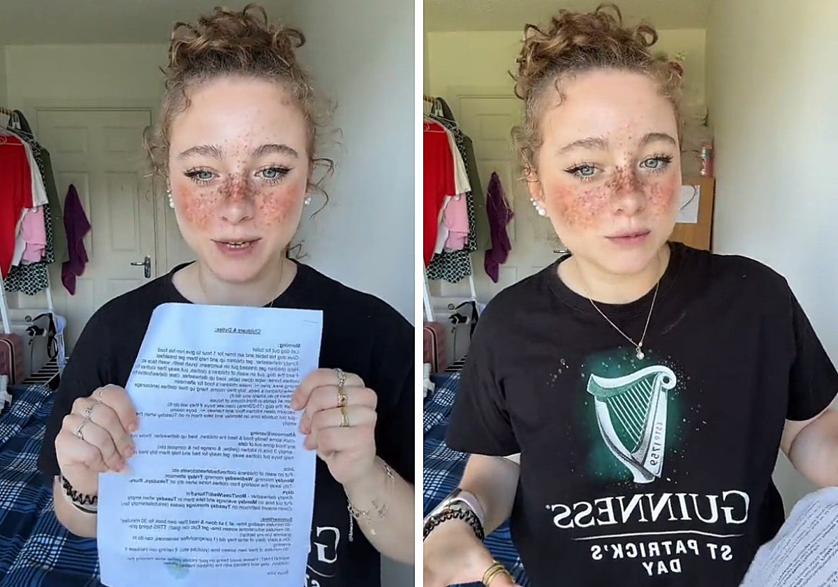 Rebeca muestra la lista de tareas y normas que la madre de la familia le entregó impresa