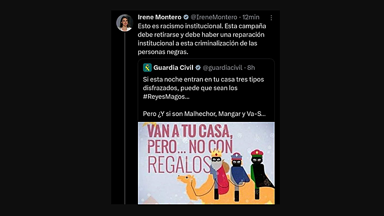 Irene Montero carga contra la Guardia Civil por su campaña «racista» de Reyes contra los robos en Navidad