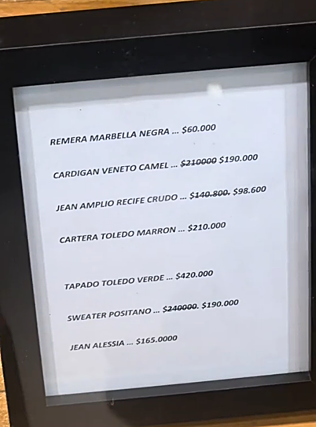 Ejemplo que muestra Vicky del precio de algunas prendas en la tienda visitada en Argentina