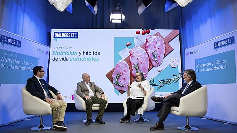 El catedrático de Nutrición y Bromatología de la Universidad de Murcia y decano de la Facultad de Veterinaria de Murcia, Gaspar Ros Berruezo (izda-dcha), el director de la Organización Interprofesional Agroalimentaria del Porcino de Capa Blanca (Interporc), Alberto Herrranz Herranz, la directora de EFEAGRO y conductora del evento, Laura Cristóbal y el director de la Cátedra Nutrición, Salud y Sector Agroalimentario del Centro de Estudios Marañón – Fundación ASAJA, Antonio Escribano Zafra, intervienen en los Diálogos EFE «Nutrición y hábitos de vida saludables» en la sede de la agencia EFE en Madrid este jueves