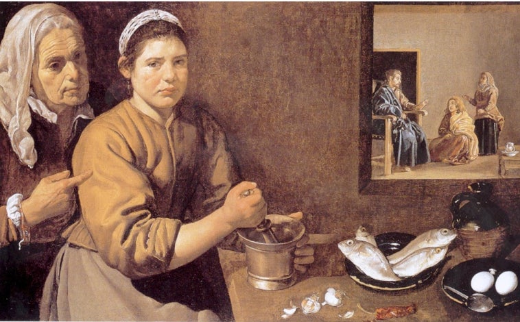 Imagen principal - Arriba, 'Cristo en casa de Marta y María' (1618), lienzo que se encuentra en la National Gallery de Londres. Sobre estas líneas, a la izquierda, 'El almuerzo' o 'Almuerzo de campesinos' (1618-1619), que se expone en el Museo de Bellas Artes de Budapest; a la derecha, detalle de 'El aguador de Sevilla' (c. 1620), obra que Fernando VII le regaló al duque de Wellington por su ayuda en la Guerra de la Independencia.
