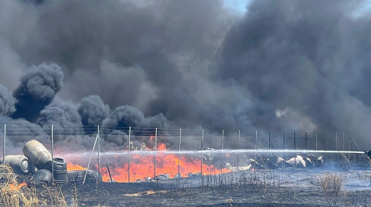 Un coche ardiendo provoca un incendio en una fábrica de aceitunas en Huévar del Aljarafe