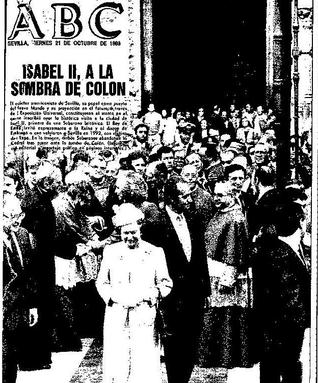 Portada de ABC de Sevilla del viernes 21 de octubre de 1988, que recoge la salida de la Reina de Inglaterra junto a Don Juan Carlos de la Catedral de Sevilla