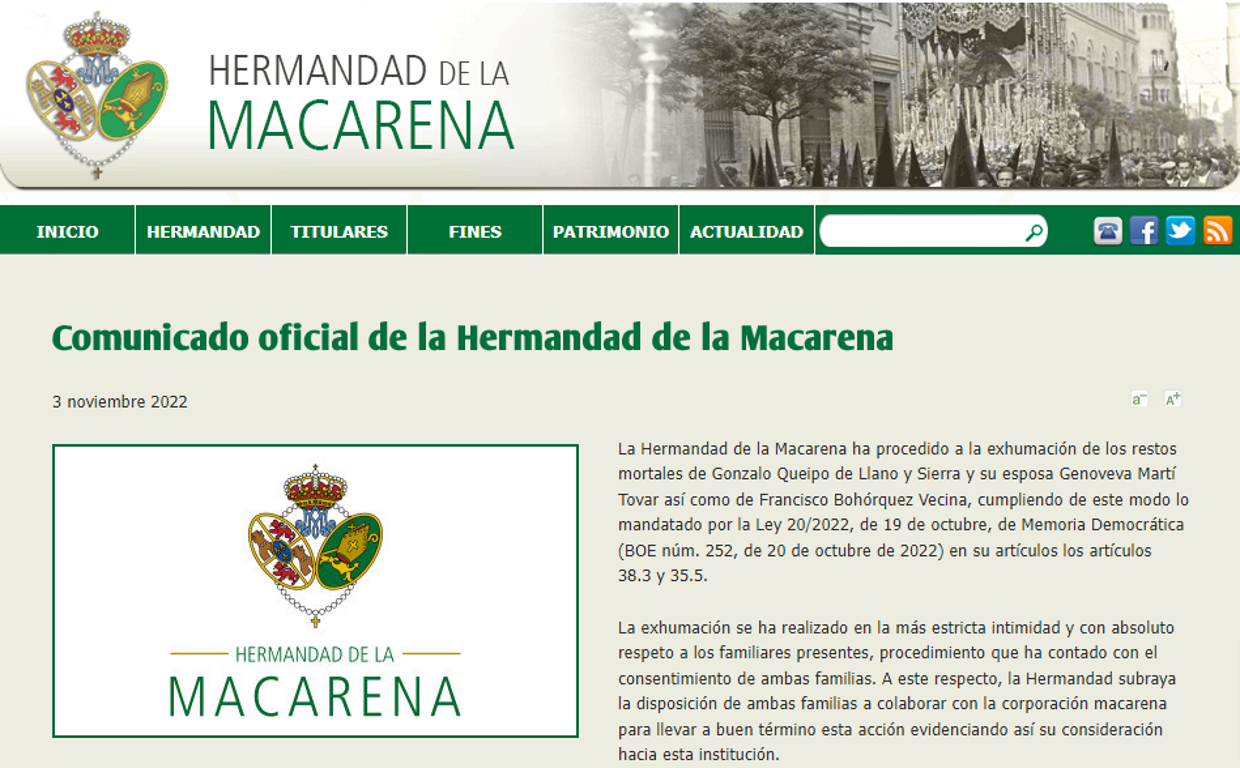 La hermandad de la Macarena publica un comunicado sobre la exhumación de Queipo de Llano y Francisco Bohórquez