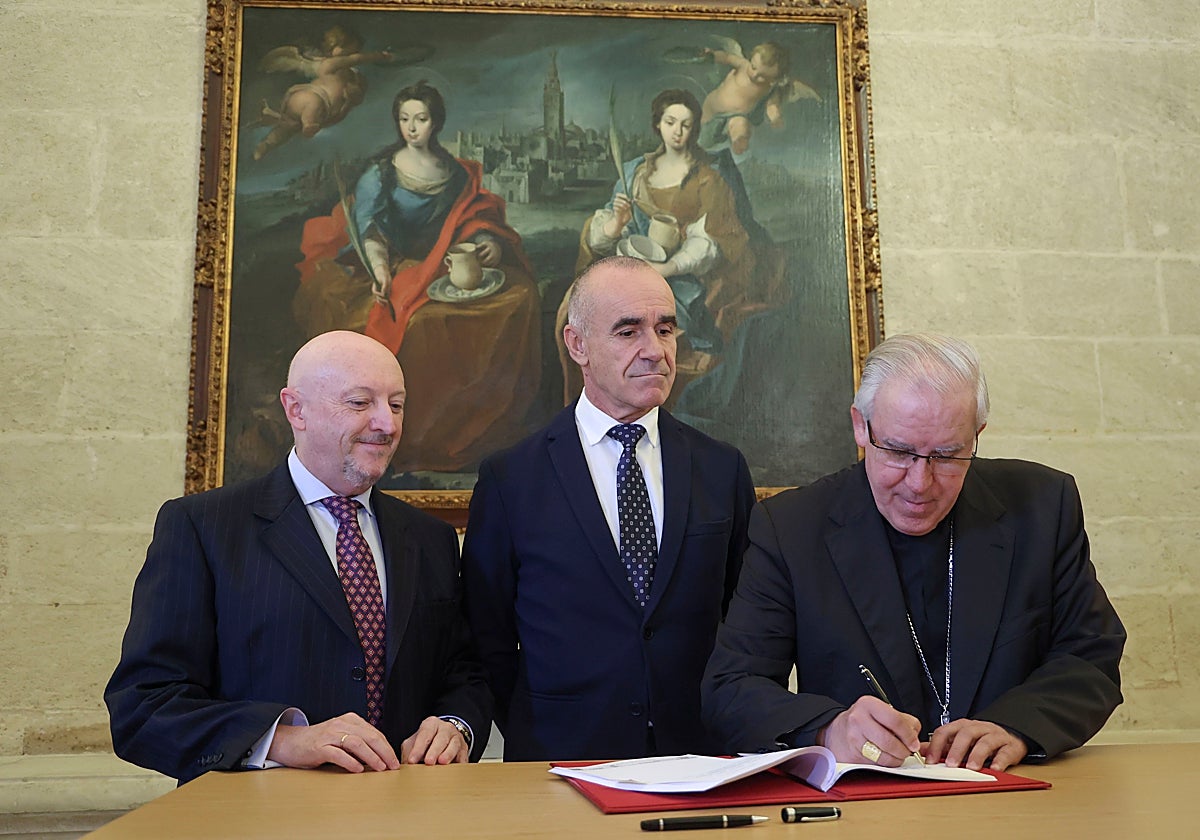 El alcalde y el arzobispo firmando las escrituras de Santa Clara