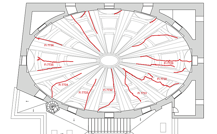 Imagen principal - Descripción sobre plano de las grietas y desprendimientos en la cúpula y la fachada de San Hermenegildo, según el proyecto de restauración