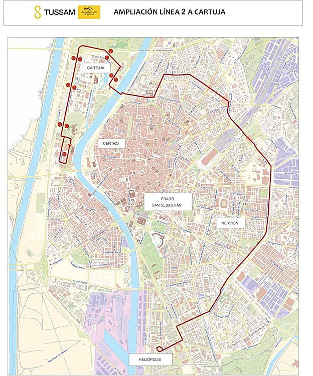 Nueva ruta de la línea 2, que unirá Heliópolis con la Cartuja