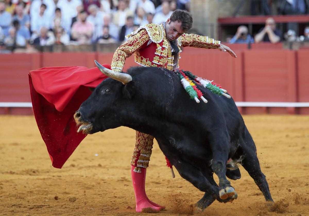 Rafael Serna realiza un pase a un toro suyo en el coso de la Maestranza