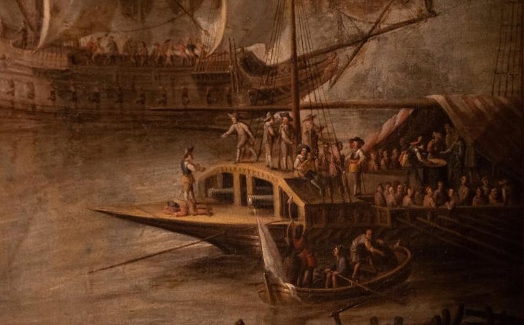 Imagen principal - Los galeones, la visión de las Atarazanas y el Arenal de Sevilla o del río Guadalquivir forman parte del cuadro