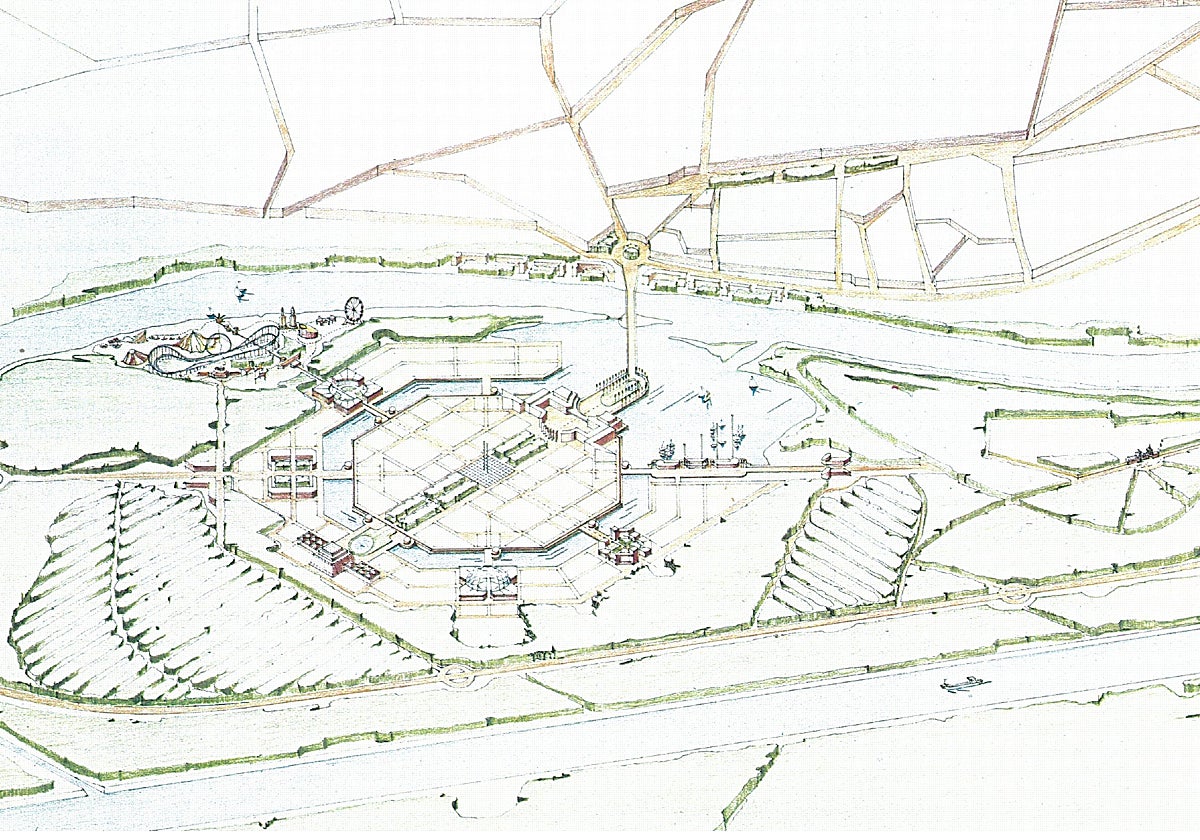 El primer boceto del recinto incluía un parque de atracciones con montaña rusa