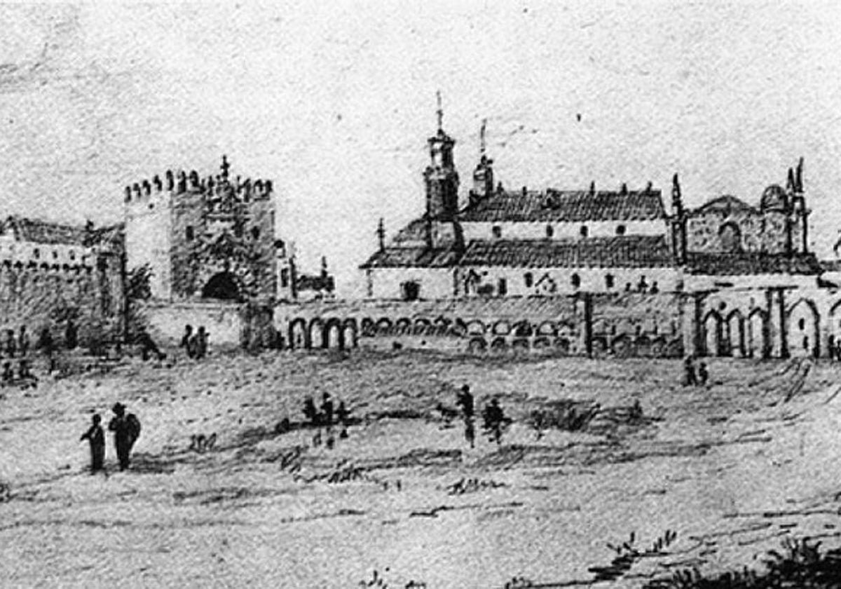 Grabado del convento de San Agustín, los Caños y la puerta de Carmona