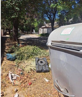 Imagen secundaria 2 - Arriba, la mayoría de las aceras de Simón Verde sufre deterioro, sin que sean reparadas por los ayuntamientos de Gelves y Mairena del Aljarafe. Abajo, a la izquierda, falta de poda en las calles de la barriada, y a la derecha, la suciedad de acumula.
