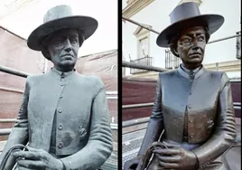 El antes y el después de la restauración de la estatua de la condesa de Barcelona en el Paseo Colón