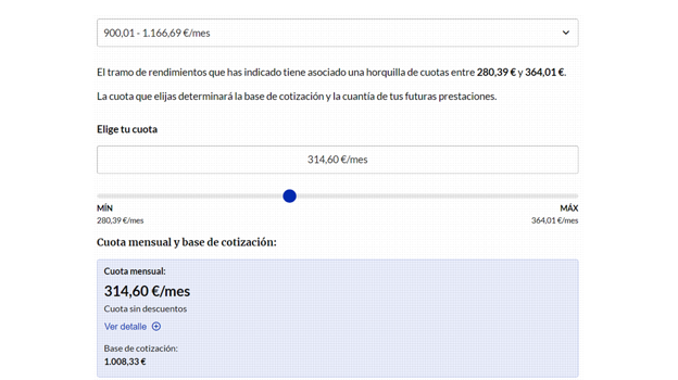 Ejemplo de resultado final de cuota mensual y base de cotización en el simulador de la Seguridad Social