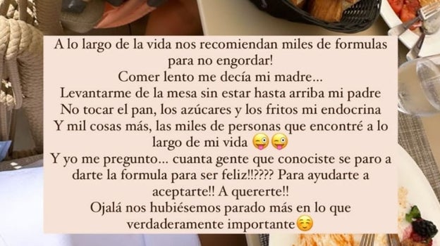 Captura del storie que Vicky Martín Berrocal subió a sus redes sociales reflexionando sobre su relación con la comida