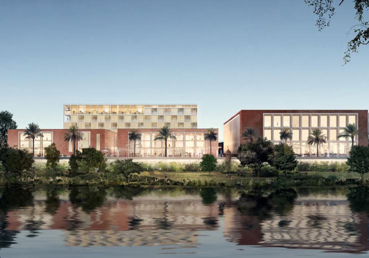 Recreación del proyecto de Altadis con el hotel de fondo que es lo que se empezará a construir ahora