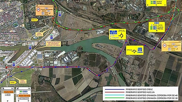 Se corta de nuevo el tráfico nocturno en el puente del Centenario de Sevilla por las obras de la sustitución de sus tirantes