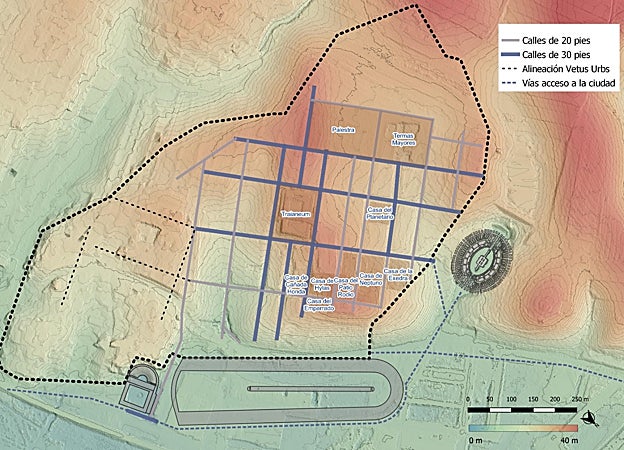 En la parte inferior del plano, la posible ubicación del circo de Itálica