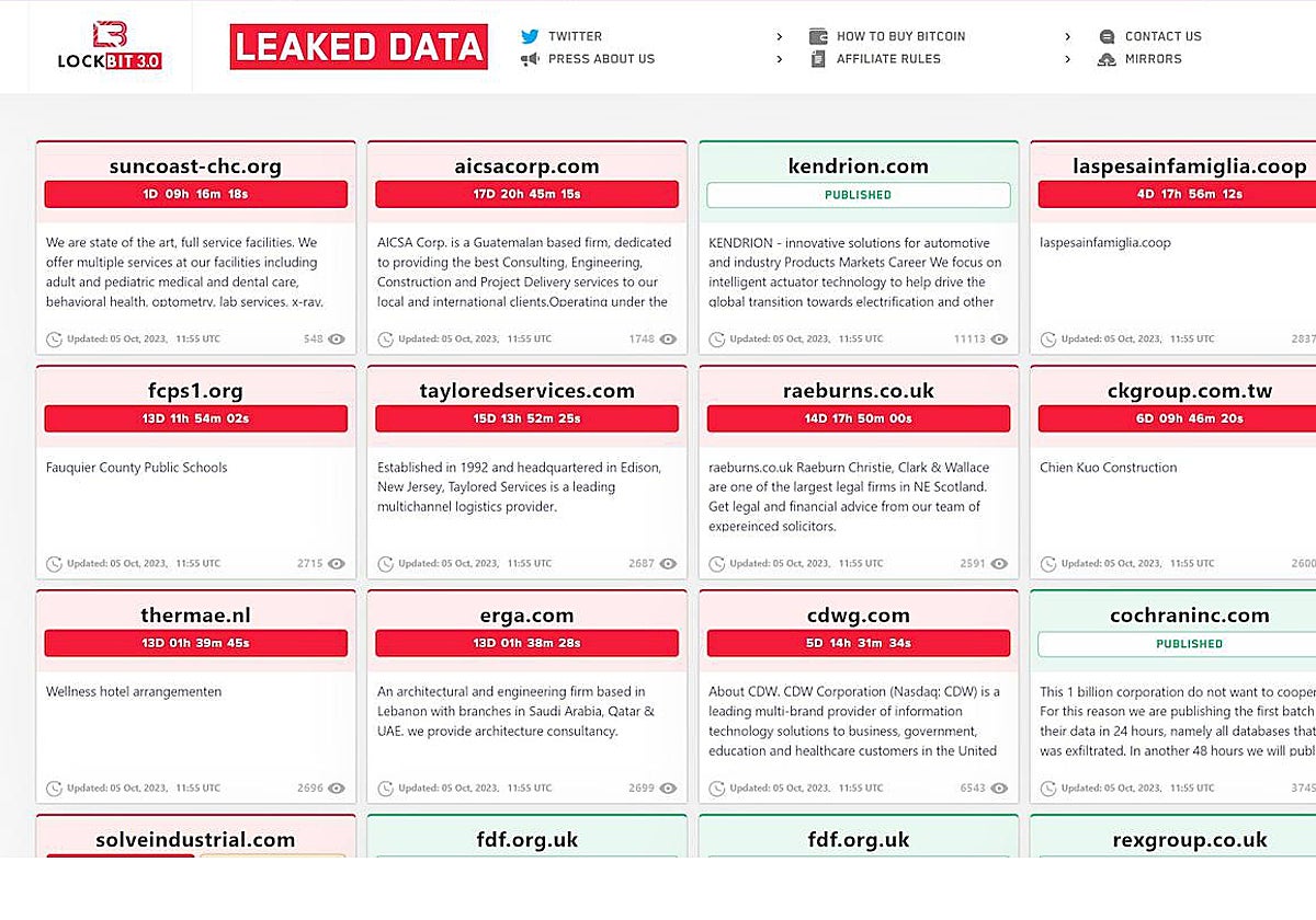 Captura del portal de Lockbit donde se exponen las empresas vulneradas con un contador que indica el tiempo que tienen para pagar