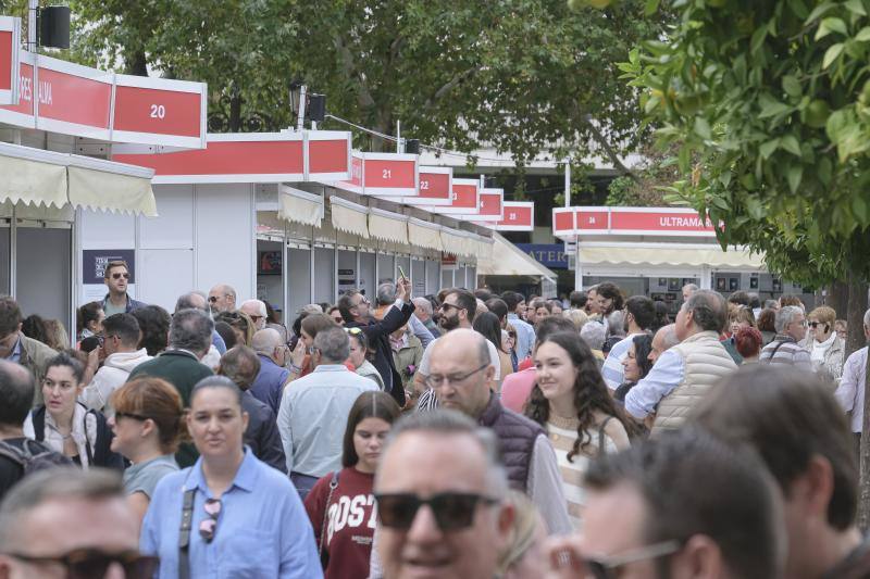 Ambiente dominical en las casetas de la Feria del Libro de Sevilla