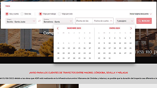 Buscador de trenes Iryio para ir de Sevilla a Barcelona a partir de diciembre