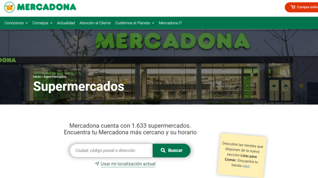 Página web de Mercadona para consultar los horarios de cada tienda