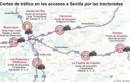 Las carreteras de Sevilla que sufren cortes de tráfico por la huelga de agricultores del miércoles: así te afectarán los tractores