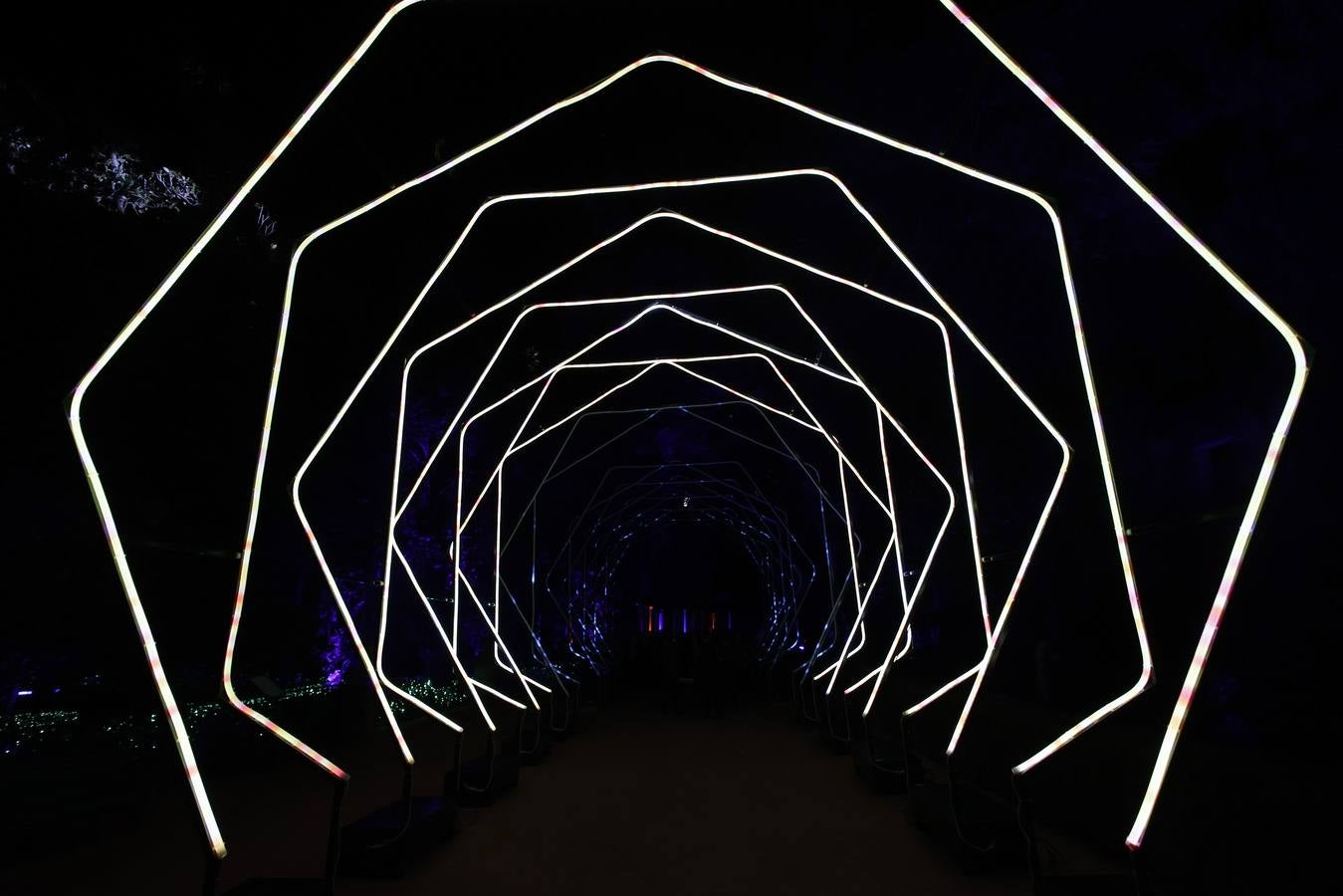 Los jardines del Alcázar durante el espectáculo de luz y color que aumenta aún más si cabe la belleza de este espacio
