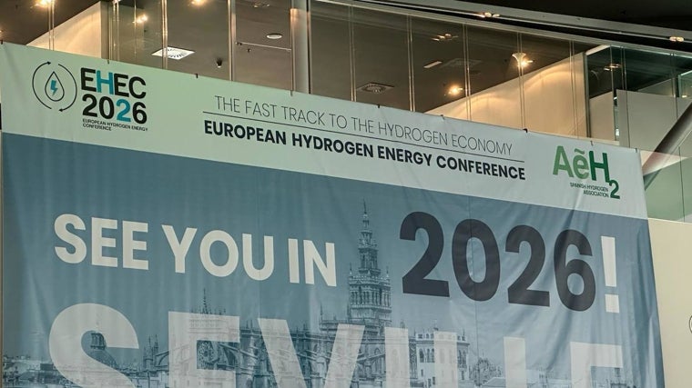 Cartel anunciado del próximo Congreso Europeo de Hidrógeno, que se celebrará en 2026 en Sevilla