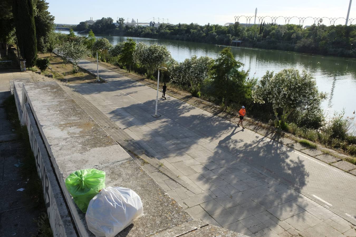 Deterioro y abandono en la orilla del río a su paso por La Cartuja y en el Paseo de Juan Carlos I