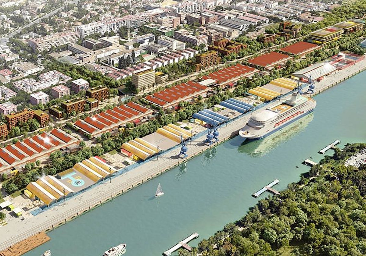 Recreación del futuro distrito portuario entre el muelle de las Delicias y el puente del Centenario