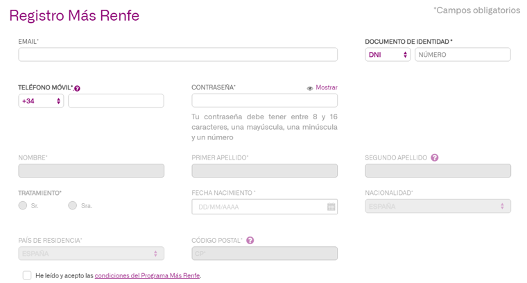 Registro 'Más Renfe' en su página web